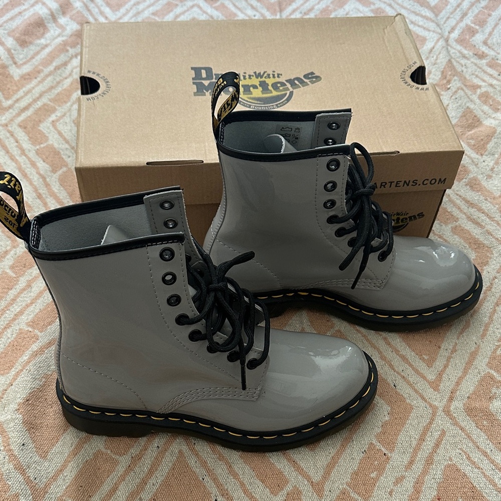 Dr. Martens Gray Patent Boots with Black Laces